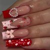 BABALAL Long Square Press on Nails Pink French Fake Nails Red Heart Glue on Nails Pearl Strawberry Design Cute Acrylic Nails Squoval 3d Bow Manicure Valentine's Day False Nails for Women and Girls