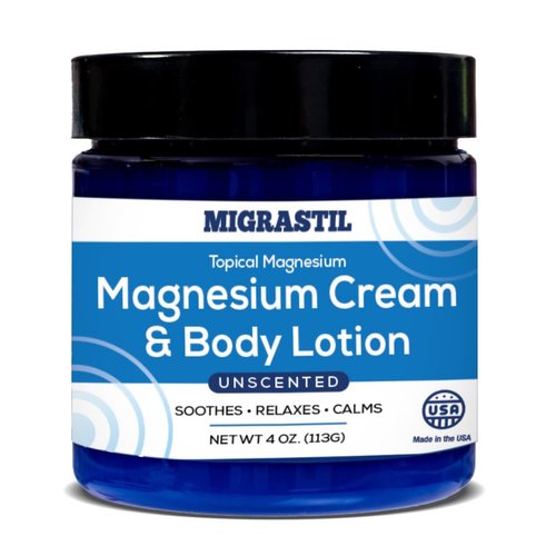MIGRASTIL Topical Magnesium Cream & Body Lotion 4oz. - Promotes Sleep and Soothing Relief for Sore Muscles, Leg Cramps, Etc. Made in The USA.