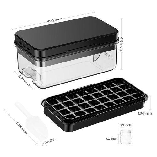 Ice Cube Tray with Lid and Bin, 32 pcs Ice Trays, Easy to Release Ice Trays for Freezer, Ice Cube Tray Mold, with 1 tray, Ice Freezer Container for Whiskey, Cocktail, Black