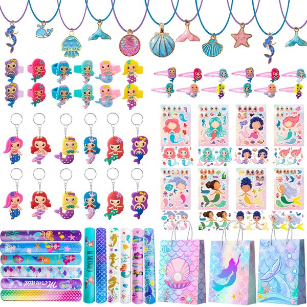 84pcs Mermaid Party Favors for kids with Mermaid Birthday Rings Keychain Slap Bracelets Bags Hair Clips Necklace etc Mermaid Birthday Party Favors for Mermaid Birthday Decorations Supplies