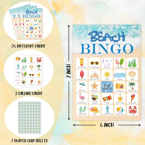 RLCNOT Beach Bingo Game, 24 Players Bingo Game, for Teenager Summer Beach Party Bridal Shower Birthday Party, Hiking, Trip Family Holiday Party, Reception Activity Supplies - 009
