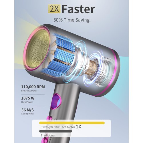 Dxliwky Professional Hair Dryer,1875 Watt High-Speed Ionic Blow Dryer with Diffuser/Concentrator/Comb Nozzle,LED Temp Display,Intelligent Temp Control,Low Noise for Home Salon Travel (Silvery)