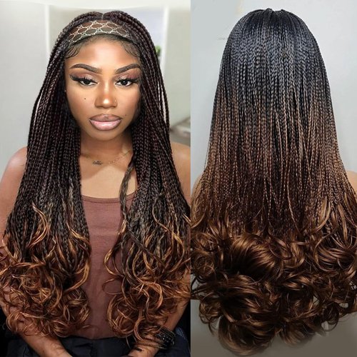 Aisaide Braided Wigs Braided Headband Wigs for Black Women Box Braid Wig with Headband Attached Beach Curl Crochet Hair Wrap Wig With Curly Ends Braid Wig Ombre Brown Ice Silk Headband Wig