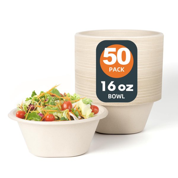 hooray mida 16 OZ [50 Pack] Heavy Duty Disposable Paper Bowls - Eco-friendly Natural Bagasse - Biodegradable Bowls for Cereal, French Fries,Rice