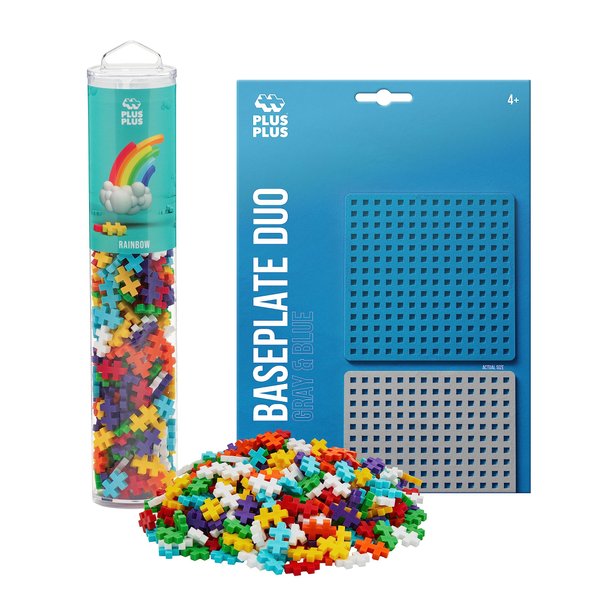 PLUS PLUS 240 Piece Interlocking Building Blocks for Kids, Open Ended Connecting Toys, STEM Bin Mini Manipulatives - Rainbow Mix Play Tube & Baseplate
