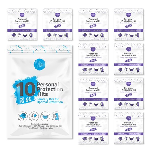 Personal Protection Kit TO GO, Mini 4 Item PPE Kit for travel and school | Includes 1 Each of Face Covering, Gloves, Cleansing Wipes & Hand Cleansing Gel | 10 - Pack (Purple)