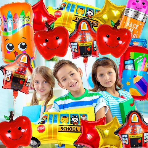 20 Pcs Back to School Balloons, Colorful School Bus Balloons Pencil Apple Crayon Foil Balloon, Red Yellow Mylar Helium Balloons for Party Decorations Supplies