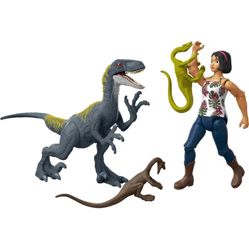 Mattel Jurassic World Camp Cretaceous Human & Dino Action Figure Pack with Sammy & Velociraptor Figures, Plus 2 Compys Smaller Dinosaurs, Collectible Toy Set