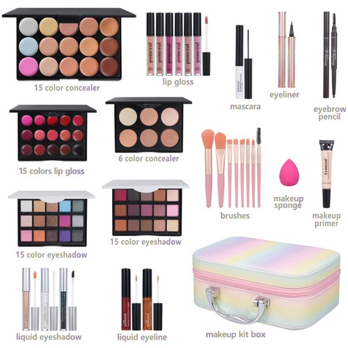 Pomcral All In On Makeup Kit Makeup Set For Teens, Women, Girl and Beginners Includes Eyeshadow Concealer Palette Lip Gloss Set Lipstick Eye Pencil Makeup Brushes