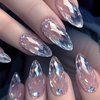 TBRZTR Press on Nails Medium Almond False Nails Waves of Light Fake Nails Artificial Acrylic Nails with Rhinestones Design Full Cover Glossy Reusable Coffin Nails Glue on Nails for Women 24Pcs