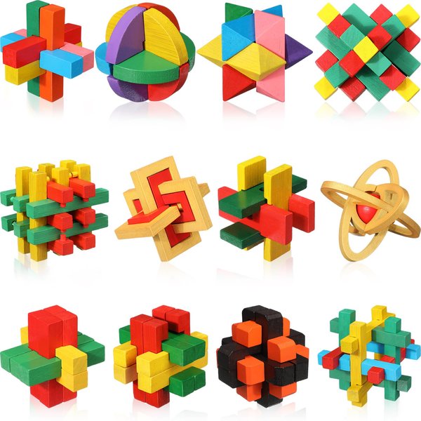 Syhood 12 Pcs Wooden Brain Teaser Puzzles 3D IQ Challenge Puzzle Toy Games Logic Mind Smart Puzzle Box Lock Toy Brain Teaser Intellectual Removing Assembling Puzzle Gift Set for Adults Teenagers