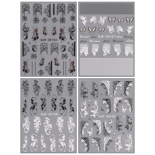 JMEOWIO 3D Embossed Black White Flower Nail Art Stickers Decals Self-Adhesive Pegatinas Uñas 5D Line Leaves Nail Supplies Nail Art Design Decoration Accessories 4 Sheets