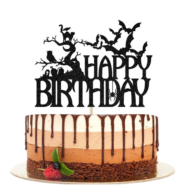 Ferastar Halloween Happy Birthday Cake Topper, Spooky Haunted House Black Glitter Cake Supplies, Creepy Birthday Themed Party Decor Black Glitter