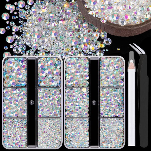 BELLEBOOST Resin Rhinestones Kits, 2/3/4/5/6mm Flatback Jelly Rhinestones, 2 Box Transparent AB Non Hotfix Crystal Gems for DIY Crafts Mugs Bottles Tumblers Clothes Makeup Nail Manicure