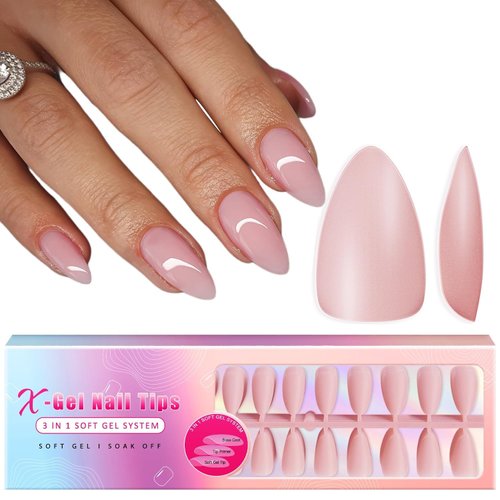 SXVME Soft Gel Nail Tips Short Almond Gel X Nails, 300Pcs Pre-applied Tip Primer Gel X Nail Tips, Natural Pink Colored Gel Tips Acrylic Fake Nails Extensions False Nails Press ons for Easy DIY