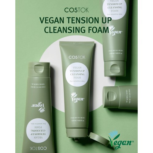 COSTOK Vegan Tension Up Cleansing Foam for sensitive skin 120ml 4.05oz. Refreshing Mild Daily Face Wash Cleanser Vegan Formula EWG Verified PEG Free Cruelty Free Gel Type Soy Ink Packaging