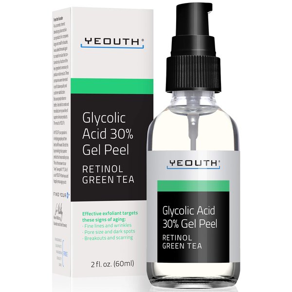 Glycolic Acid Peel for Face Professional 30% Gel with Retinol & Green Tea, Chemical Peel for Face at Home for Wrinkles, Dark Spots & Acne, Skin Care Liquid Exfoliant, Glycolic Acid Serum 30% by YEOUTH