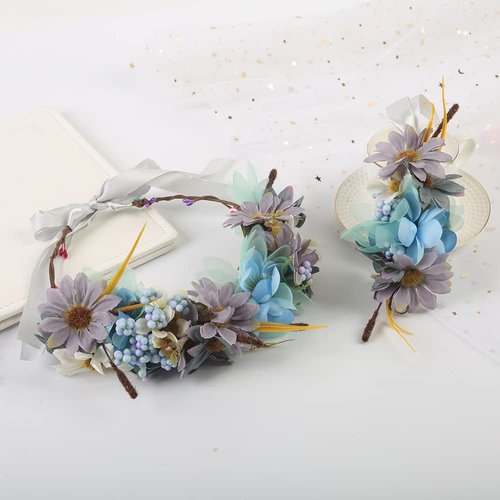 MingXiu Flower Crown Flower Crowns for women Boho Flower Headband Adjustable Floral Headpiece Hair Wreath Wedding Festival Party Floral Crown.(blue)