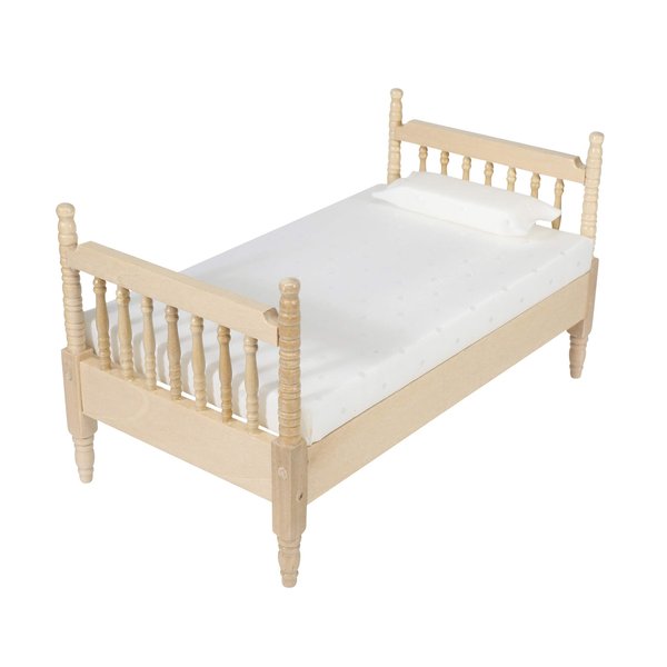 Dollhouse Furniture Small Bed Toy Set, Pillow, Realistic Bedroom Accessories for 6 inch Dolls, Wood Frame, 1/12 Scale