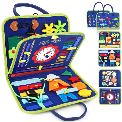 Daisiki Montessori Busy Board Toys, Sensory Board for Toddlers 1-3, Travel Felt Busy Book for Airplane Car, Activity Busy Mat for Learning Fine Motor Skills Suits Boys Girls Birthday Gifts Blue/P1
