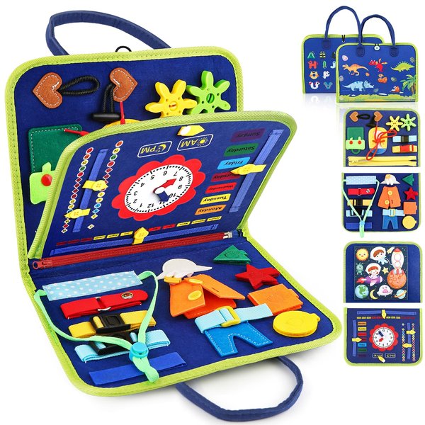 Daisiki Montessori Busy Board Toys, Sensory Board for Toddlers 1-3, Travel Felt Busy Book for Airplane Car, Activity Busy Mat for Learning Fine Motor Skills Suits Boys Girls Birthday Gifts Blue/P1
