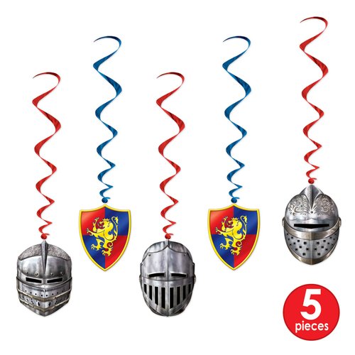 Beistle 5 Piece Medieval Theme Hanging Swirl Decorations with Helmet and Shield Icons for Princess Birthday Party Supplies, Whirls, Multicolored
