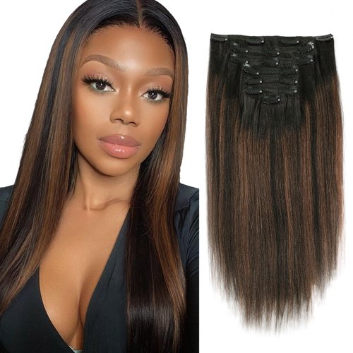 Sassina Yaki Straight Clip in Human Hair Extensions Double Weft Clip on Hair Extensions Natural Black to Chocolate Brown Double Remy Hair Extensions Clip in Human Hair 120 Grams 16 Inch 7 Pcs