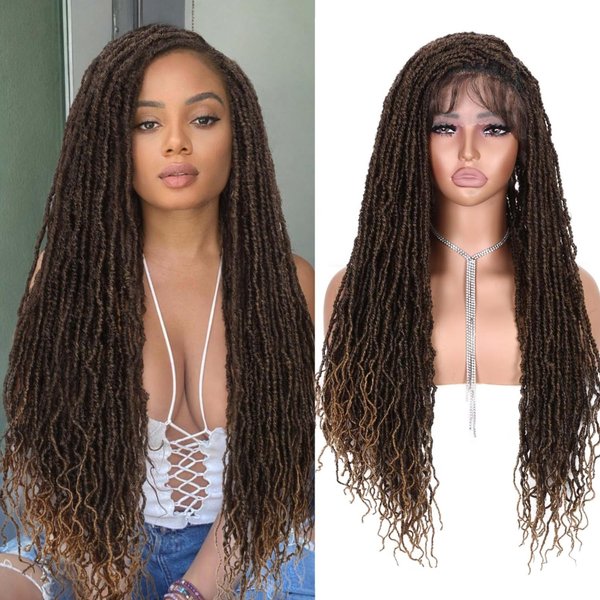 Quick Wig Full Lace Faux Locs Wig for Black Women Knotless Nu Locs Braids Wig with Baby Hair Long Soft Locs Synthetic Wig Goddess locs Wigs Square Part Lace Front Wigs (1B/27)