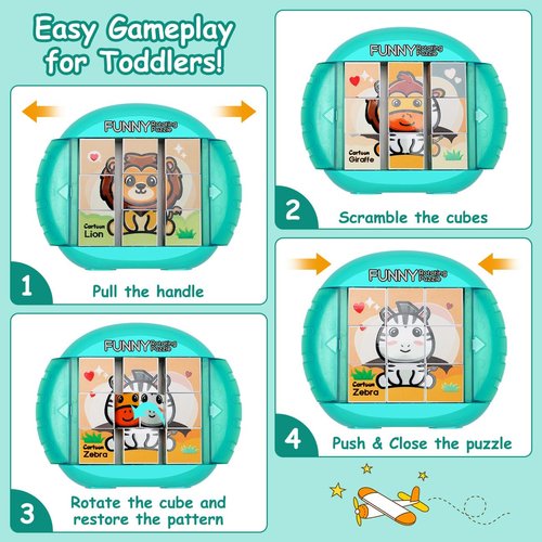 Fullware Rotating Puzzle for Kids 3 4 5 6 7 8 Year Old, 4 Puzzles in 1, Toddlers Travel, Car, Airplane, Road Trip Activities, Fine Motor Skills, Fidget, Gift for Boys & Girls Ages 3+(Animals