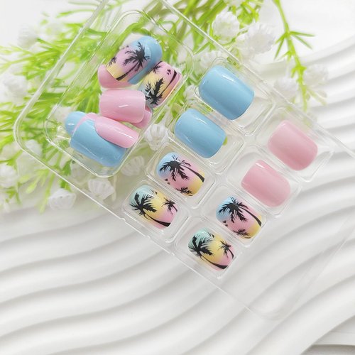 Square Press on Nails Short Fake Nails Pink with Blue Full Cover Glue on Nails Black Coconut Tree Sand Design False Nails Press ons Glossy Acrylic Nails Artificial Stick on Nails for Women 24Pcs
