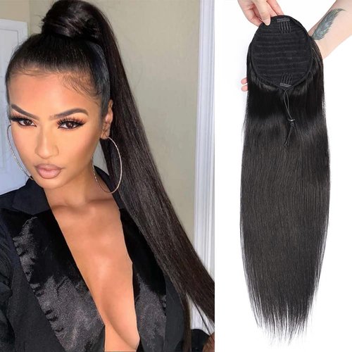 Alisfeel Straight Human Hair Ponytail Extension Remy Brazilian Drawstring Ponytail Human Hair for Black Women 10A Grade Clip In Pony Tail Hairpiece 120g Natural Color (20 Inch)