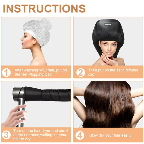 Adjustable Hair Drying Hoods， Net Plopping Cap with Drawstring for Drying Curly Hair， Plopping Cap Curly Hair with Drawstring，Double tube hair dryer cap（2-piece set）