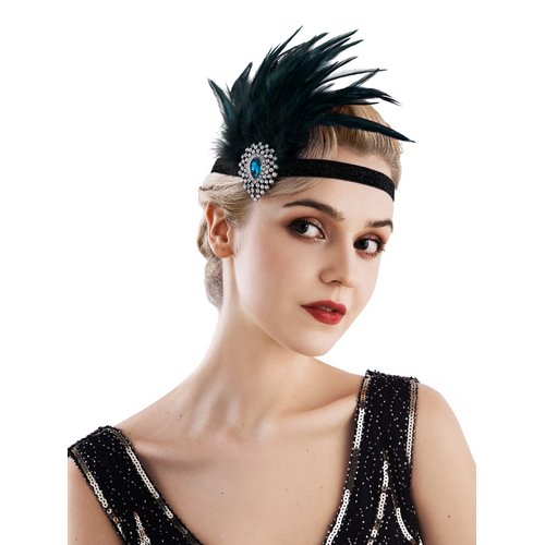 SWEETV Flapper Headband 1920s Headpiece Rhinestone Feather Hair Band Great Gatsby Headpiece for Women,Black