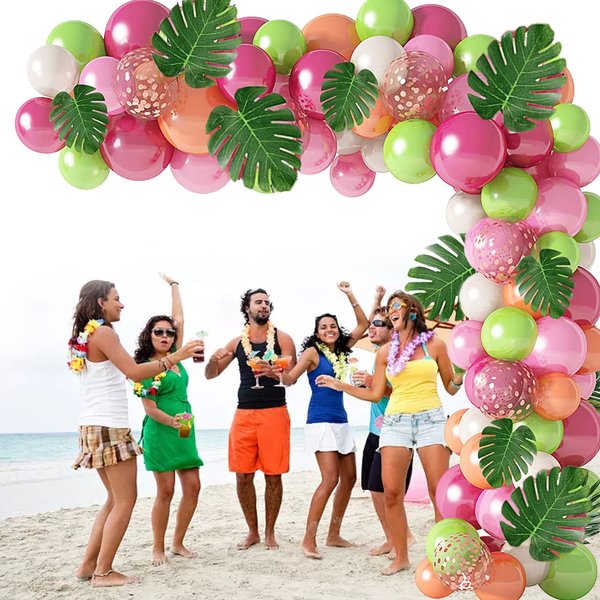 91pcs LEBERY Tropical Balloons Arch Garland Kit, Pink Green Gold Confetti Balloons with Tropical Palm Leaf for Tropical Aloha Hawaii Jungle Summer Beach Moana Theme Birthday Baby Shower Party Supplies