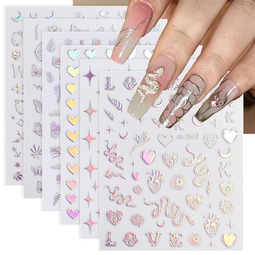 12 Sheet Aurora Nail Art Stickers Silver 3D Self-Adhesive Nail Decals Star Heart Snake Nail Stickers Line Flower Butterfly Holographic Designs Nail Supplies for Acrylic Nail DIY Decoration for Women