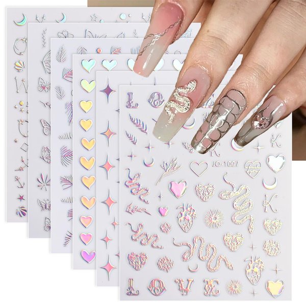 12 Sheet Aurora Nail Art Stickers Silver 3D Self-Adhesive Nail Decals Star Heart Snake Nail Stickers Line Flower Butterfly Holographic Designs Nail Supplies for Acrylic Nail DIY Decoration for Women