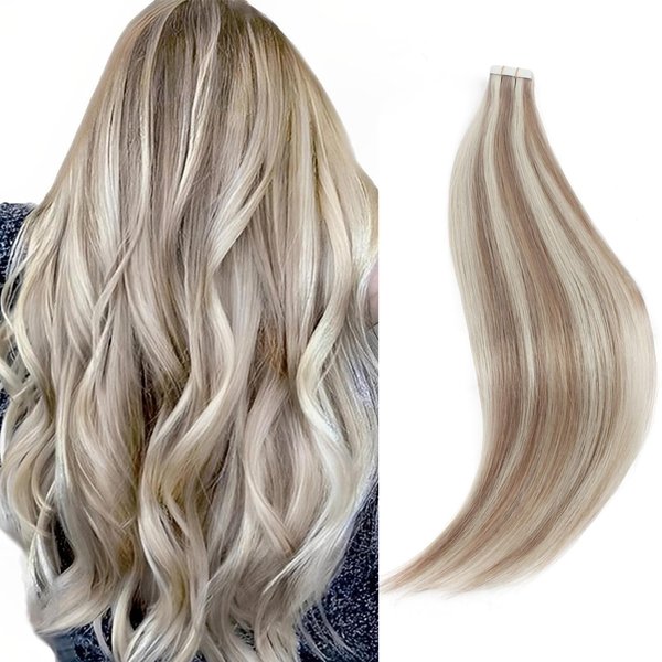Sixstarhair Tape In Hair Extensions Blonde Highlights hair 100 Remy Human Hair Professional Beautiful Color Gold Blonde With Ash Blond and Most Invisible Hair Tape [Color P20-60#-20 inch]