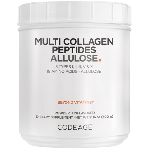 Codeage Multi Collagen Peptides Powder + Allulose - 5 Types - Grass-Fed Collagen - Rare Sugar Allulose Supplement - 0 Calorie Sweetener & 0 Carbs - 18 Amino Acids - Unflavored - Non-GMO - 30 Servings
