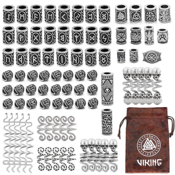 GuoShuang 86Pcs Rune Norse Viking Beads for Hair Beard Bracelet Pendant Jewelry Making Dreadlock Beads with Leather Valknut Gift Bag