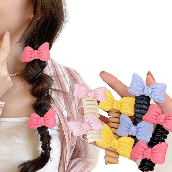 4 Pcs Braided Telephone Spiral Hair Ties Bow Telephone No Crease Spiral Hair Stretchy Ties onytail Hair Ties Scrunchies For Women Daily Use