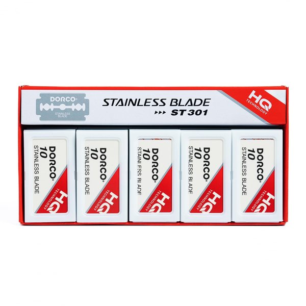 Dorco Double Edge Razor Blades ST301 Stainless Steel, Dispenser Box with Used Blade Disposal Area, for Hair Stylists and Barbers, D212, 100 Count (Pack of 10) | Father's Day Gifts