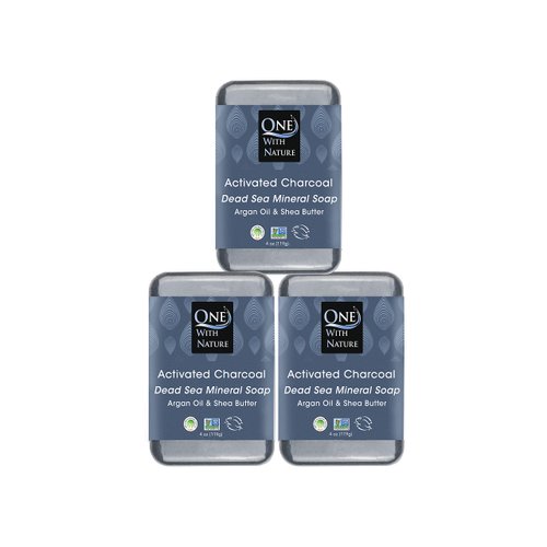 One With Nature 3 Pack Dead Sea Salt Activated Charcoal Soap Black Bar Soap Detoxifying Body Wash Soap Bar & Face Soap Vegan Men Soap with Shea Butter 100% Natural Soap for Men & Women Soap Bar, 4oz