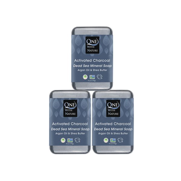 One With Nature 3 Pack Dead Sea Salt Activated Charcoal Soap Black Bar Soap Detoxifying Body Wash Soap Bar & Face Soap Vegan Men Soap with Shea Butter 100% Natural Soap for Men & Women Soap Bar, 4oz