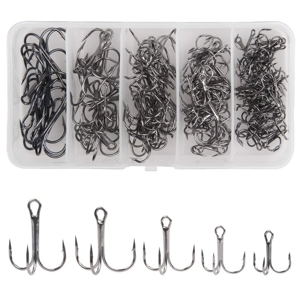 Black Treble Hooks Kit,145pcs Sharp Round Bend Treble Fishing Hooks Set High Carbon Steel Barbed Triple Fish Hook for Trout Catfish Saltwater Freshwater Size 2 4 6 8 10