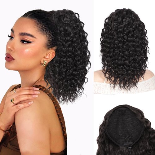QGZ Ponytail Extension,Drawstring Ponytail for Black Women 14 Inch Synthetic Short Wavy Curly Layered Pony Tails Hair Extensions for Daily Use(Black)