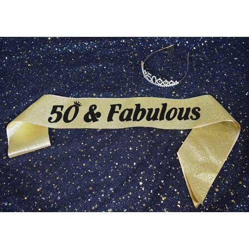50th Gold Birthday Tiara and Sash Happy 50th Birthday Party Supplies 50th Gold Birthday Glitter Satin Sash and Crystal Tiara Princess Birthday Crown for Girls 50th Birthday Party Decorations