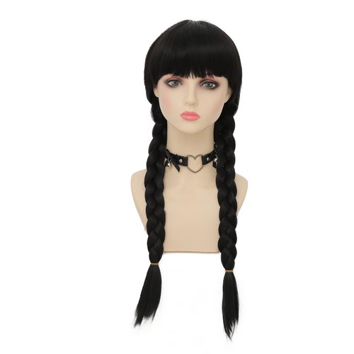 Dai Cloud Long Black Two Braids Wig with Bangs Long Pigtails Wig for Women Halloween Costumes Party Cosplay Hair Wig