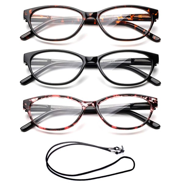 Slim Cat Eye Translucent Tortoise Shell Fashion Reading Glasses for Women 3 Pack with Lanyard +3.50