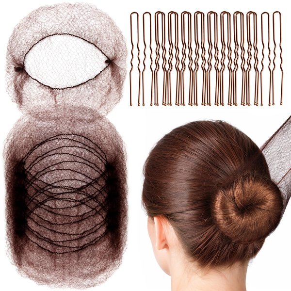 FANDAMEI 20PCS Hair Nets Invisible and 40PCS U Shaped Hair Pins Set, 20PCS 50cm for Bun Brown Elastic Edge Mesh and 40pcs Hair Bun Pins for Women, girls, Ballet Bun Maker Dance (Brown)