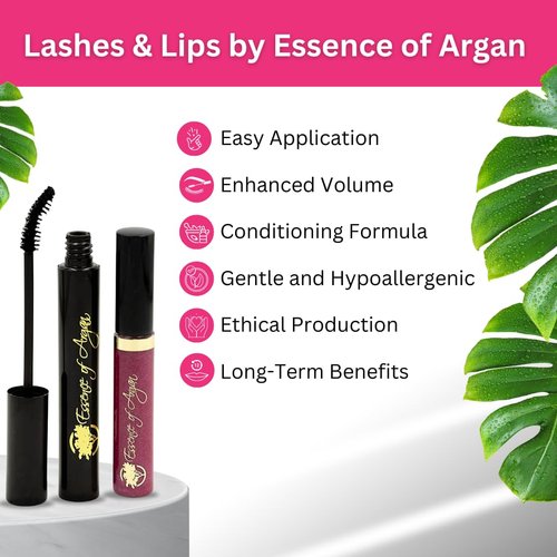Essence of Argan Lash Conditioner Mascara & Nourishing Lip Gloss Plumper with Organic Argan Oil - Waterproof Black Mascara Plus Plumping Lip Balm for Voluptuous Sexy Lips and Longer Stronger Lashes